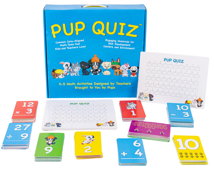 Pup Quiz - Math Kits for Elementary Students - Common Core-Aligned, Multiple-Choice Word Problem Cards with Self-Correcting Content Explanations - 120 Reusable Fact Automaticity Dry-Erase Worksheets - Flash Card Decks for Addition, Subtraction, Multiplication, and Division - Card Deck with 104 Playing Cards