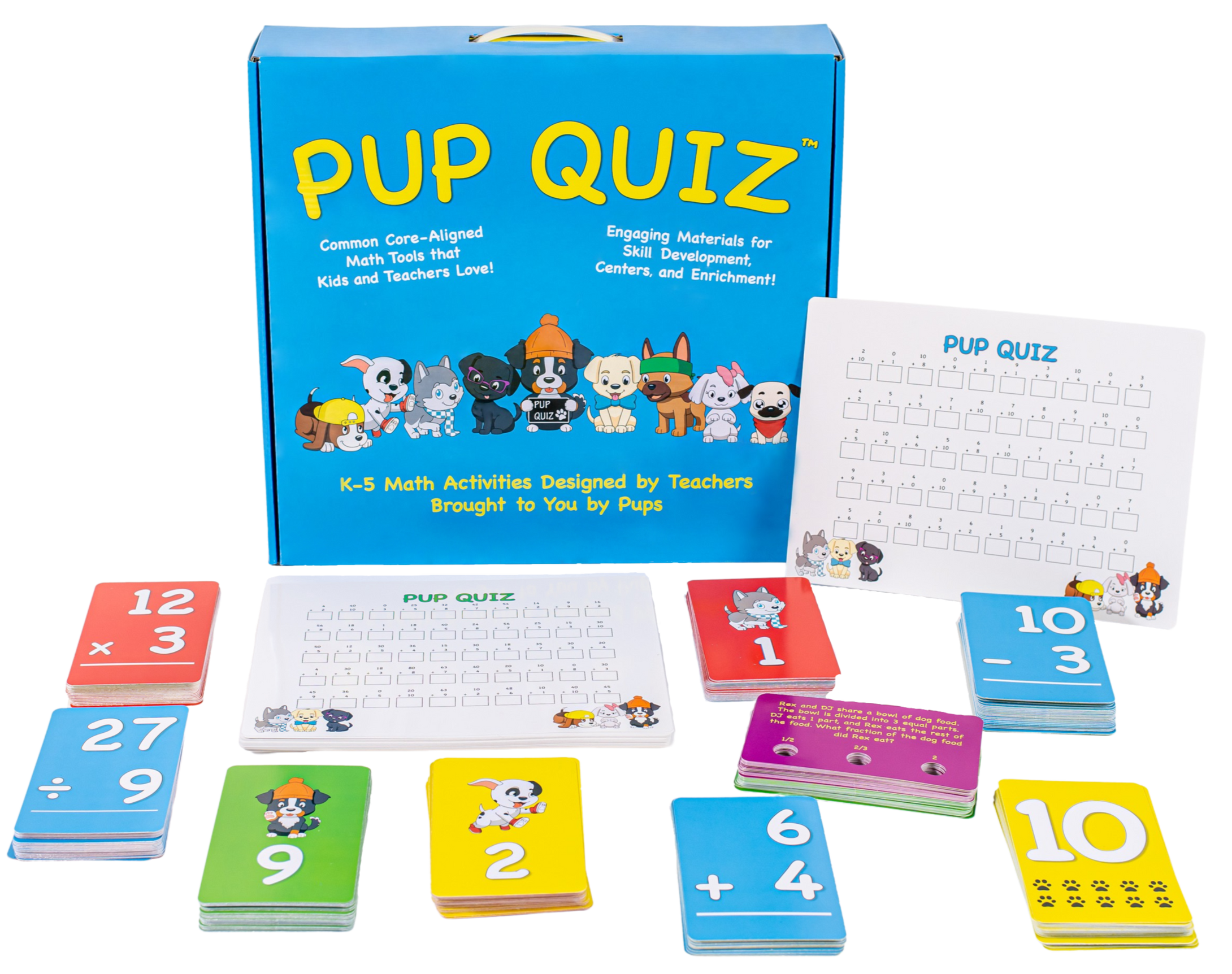 Pup Quiz - Math Kits for Elementary Students - Common Core-Aligned, Multiple-Choice Word Problem Cards with Self-Correcting Content Explanations - 120 Reusable Fact Automaticity Dry-Erase Worksheets - Flash Card Decks for Addition, Subtraction, Multiplication, and Division - Card Deck with 104 Playing Cards